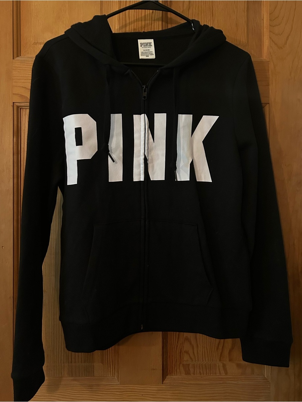 PINK Victoria's Secret Black Zip-Up Hoodie with White Logo